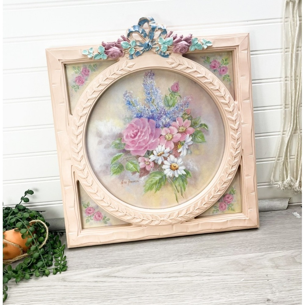 Vintage Ava Freeman Pretty Floral Print Circle in a Square 13"x13". Behind Glass